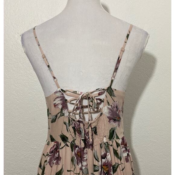 Band of Gypsies BOG Collection Tan Multi Floral Tiered Midi Dress Size M Straps - Picture 5 of 7